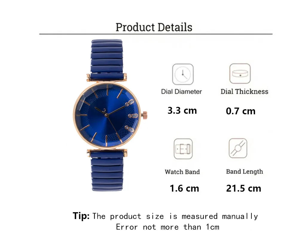 Luxury Treasure Blue Crystal Ladies Quartz Watch - Casual Stainless Steel Stretch Strap Fashion Women's Dress Clock