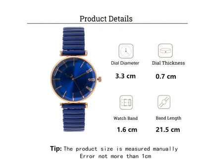 Luxury Treasure Blue Crystal Ladies Quartz Watch - Casual Stainless Steel Stretch Strap Fashion Women's Dress Clock