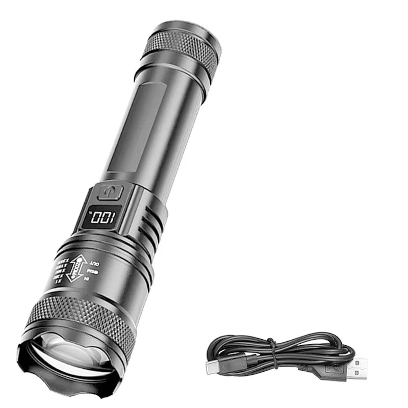 900000LM Powerful LED Flashlight Type-c Rechargeable Zoom Torch with Digital Display Handheld Flashlights for Camping Hiking