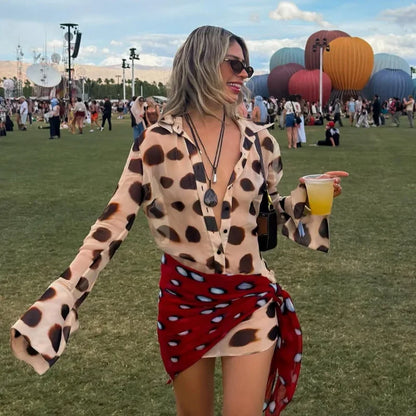 Sexy Printed Shirt-style Women's Dress Full Sleeve Turn-down Collar Button Detachable Scarf Dresses 2026 Summer Chic Female Robe