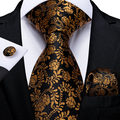 Luxury Black Gold Paisley Striped Floral Silk Men's Tie Set Handkerchief Cufflinks Wedding Party Accessories Groom Gift for Men