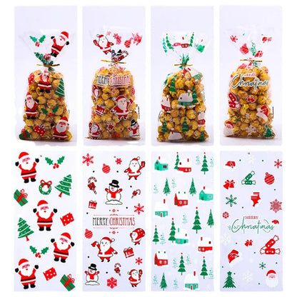 50/100pcs Christmas candy drawstring bag opp cellophane cookies nuts plastic bags New Year gift wrapping bags free gift ties