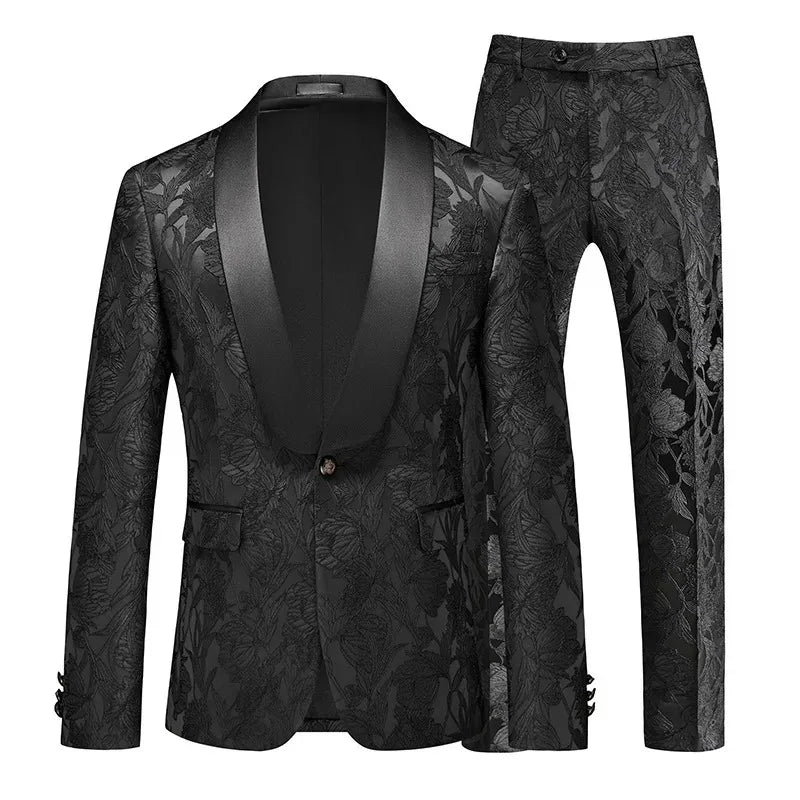 Man Outfit Fashion Printed Patchwork Slim Long Sleeve Men Suit Sets Single-breasted Blazer Straight-leg Pants Male 2-piece Suits