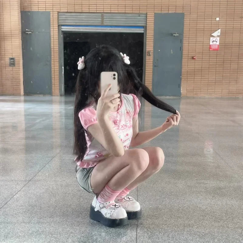 Japanese Girl Woman Clothing Cute Printed Short T-shirts Female Summer Colorful Short Tops Kawaii Pulover Youthful y2k Clothes