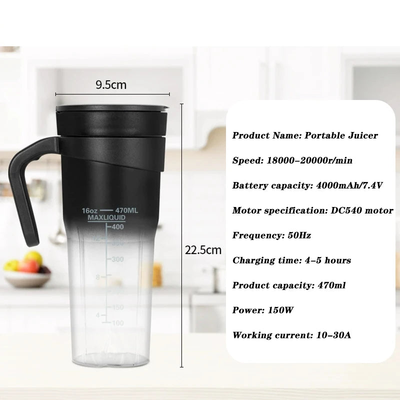 Portable Electric Juicer USB Rechargeable Multifunctional Blender Juicer Cup Suitable for Juice Milkshakes 6 Blades Cutter 470ML