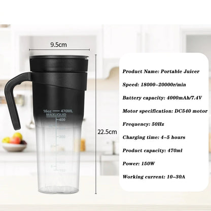 Portable Electric Juicer USB Rechargeable Multifunctional Blender Juicer Cup Suitable for Juice Milkshakes 6 Blades Cutter 470ML