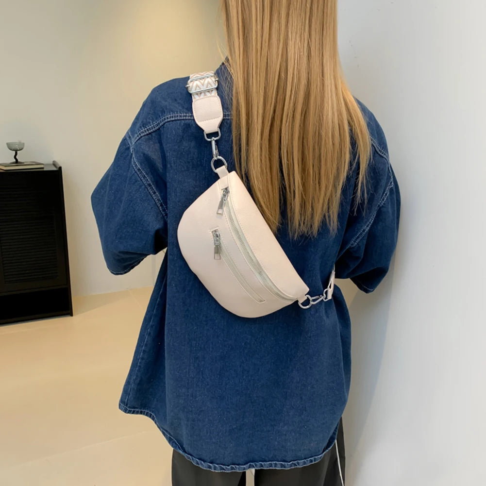 2024 Luxury Designer Women's Chest Bag PU Leather Wide Strap Shoulder Crossbody Bag Female Fashion Fanny Pack Banana Waist Bag