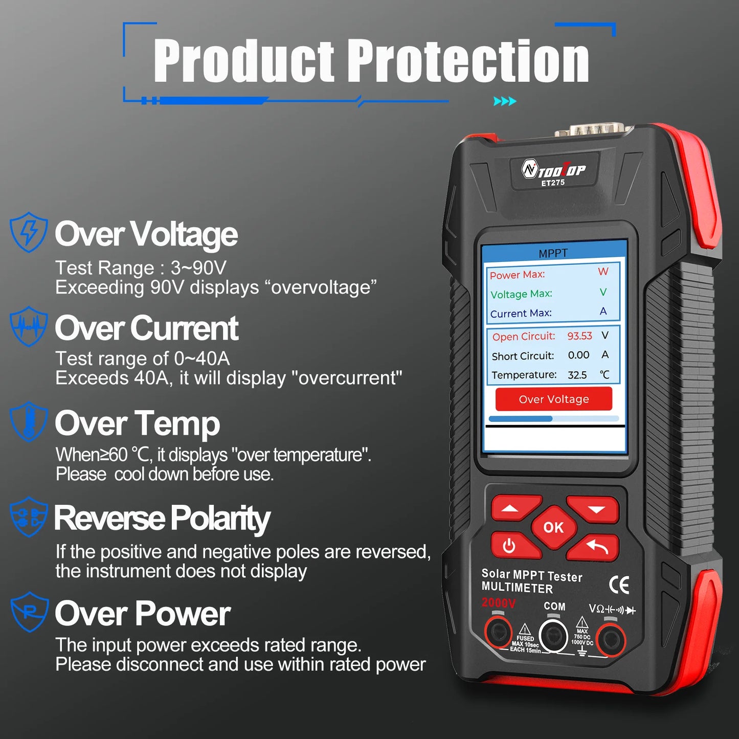 TOOLTOP 2000W Solar MPPT Power Tester 3.2 Inches 2KV 60000 Counts Multimeter Photovoltaic Solar Power Meter Pmax Voc Isc Test