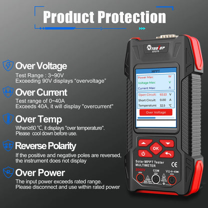 TOOLTOP 2000W Solar MPPT Power Tester 3.2 Inches 2KV 60000 Counts Multimeter Photovoltaic Solar Power Meter Pmax Voc Isc Test