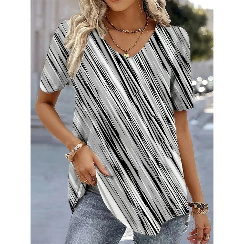New Women's T-Shirt Summer V-Neck Tee Loose Casual Top Stripes Funny Printed Female Clothing Streetwear Women Pullover T Shirts