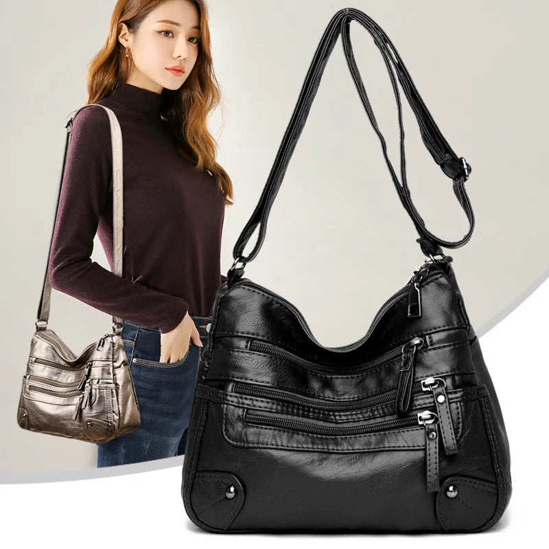 Stylish Multi Zipper Crossbody Bags, Soft Vegan Pu Leather Shoulder Bag, Women's Multi Pockets Handbag Purse for Women Daily Use