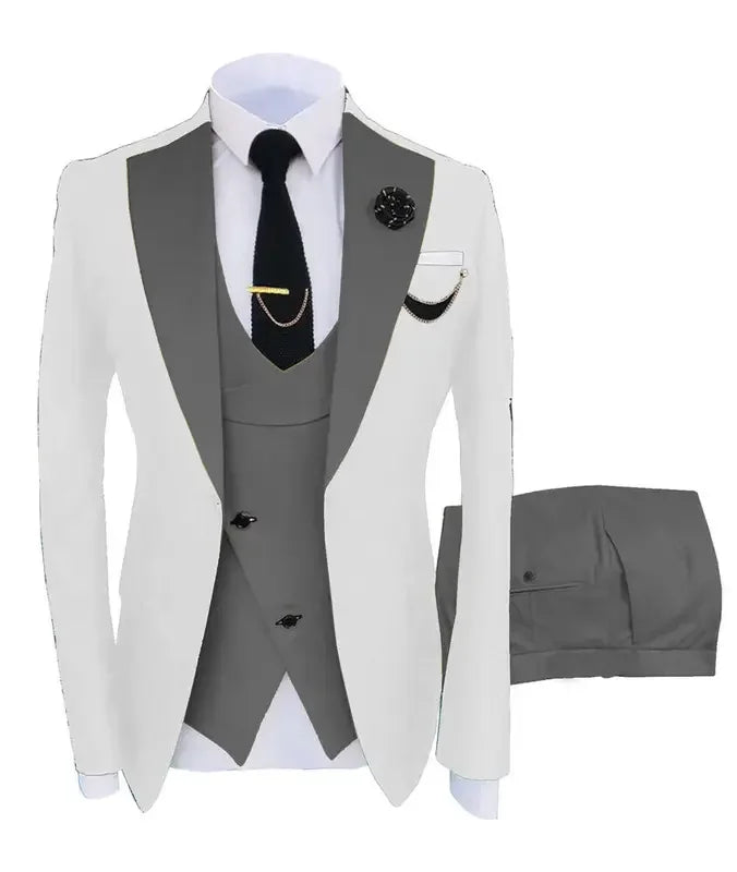 Men's Beige Three-Piece Formal Suit Set Shoulder-attached Collar Formal Wedding And Ball Suit Set Jacket+Vest+Pant