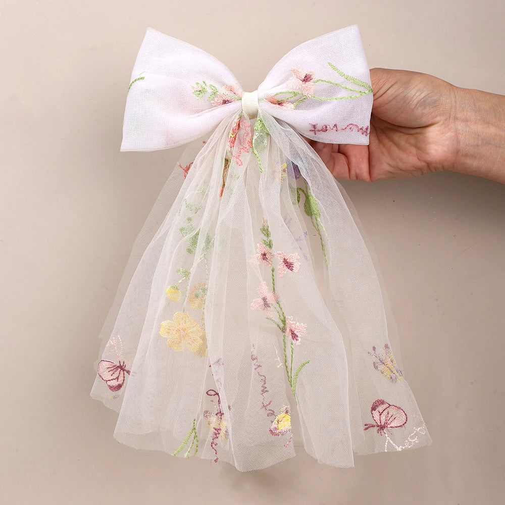 White Tulle Hair Clips For Girls Fairy Mesh Bow Large Hairpin Flower Barrette Summer Party Wedding Women Headdress Accessories