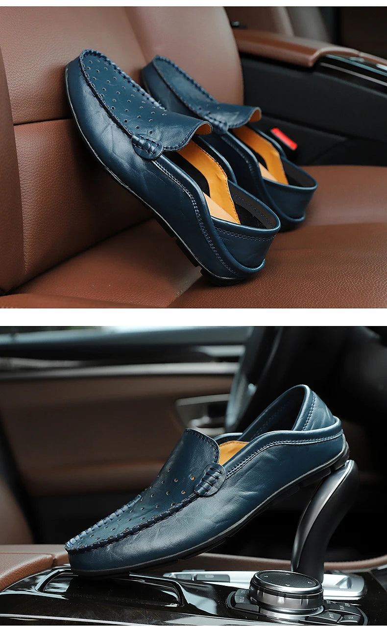Men's Driving Shoes Large Size Loafers Hollow out Casual Bean Bean Shoes Leather Slip-On Footwear for Men
