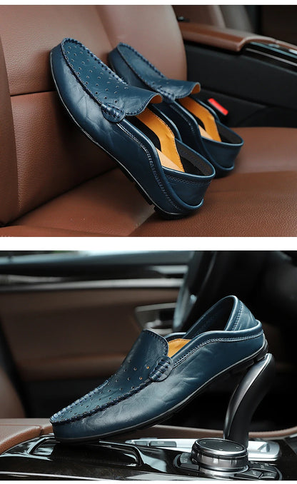 Men's Driving Shoes Large Size Loafers Hollow out Casual Bean Bean Shoes Leather Slip-On Footwear for Men