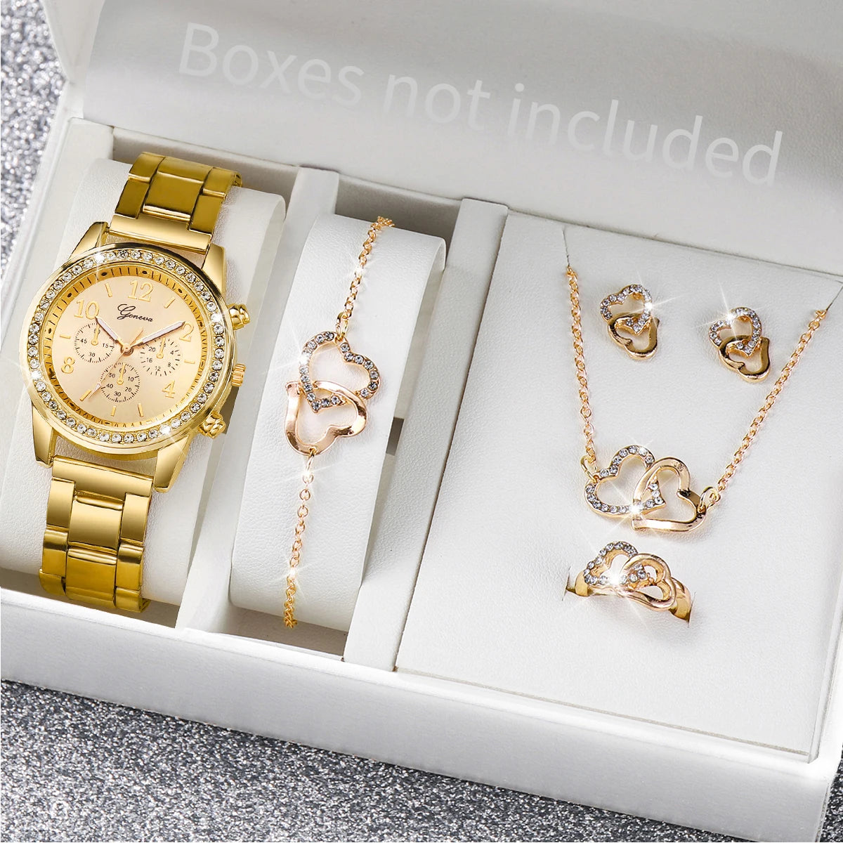 6PCS/Set Women's Watch Fashion Rhinestone Stainless Steel Band Quartz Watch Double Heart Jewelry Set（Without Box）
