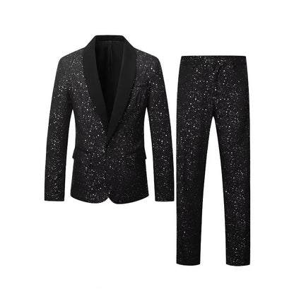 KIDWHXR Man Suit Outfit Patchwork Turn Down Collar Blazer Male Straight-leg Pant Men Slim Sequins Wedding Stage 2-piece Set