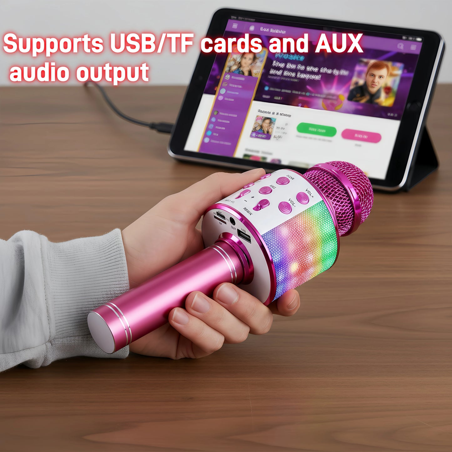 Handheld Bluetooth Microphone Speaker, 5 Voice Changer (Kid/Male/Female/Electronic), HIFI Sound, LED Light,  Portable KTV