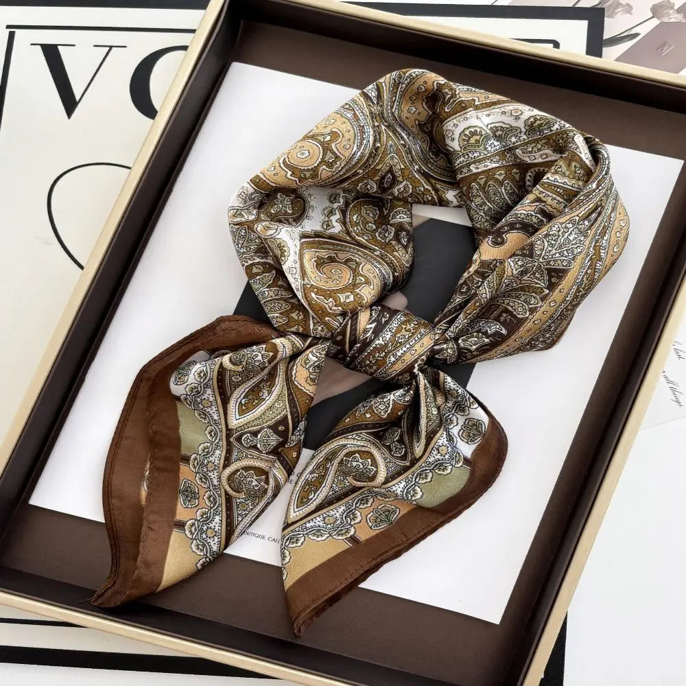 New Luxury Print Imitation Silk Square Scarf Thin Vintage Headkercheif Hijab Foulard Bandana Hair Scarf Headband Women