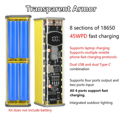 22.5W/45W 18650 Power Bank Case Fast Charging DIY Transparent Battery Storage Box Digital Display USB Type-C Battery Holder