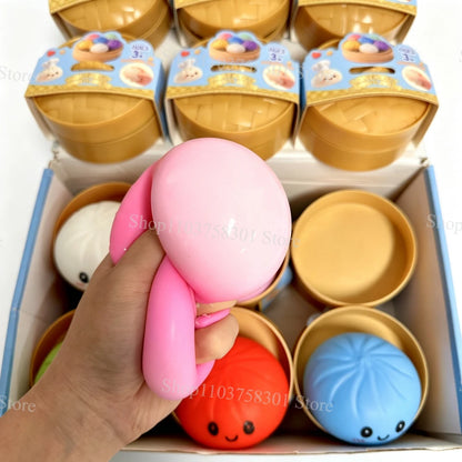 Colorful Dumpling Squishes Stress Balls Fidget Sensory Toys Simulation Food Squishies Bun with Steamer Squeeze Dough Ball Gifts
