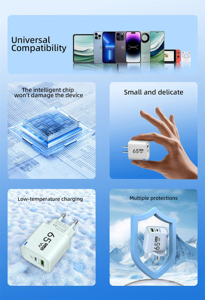 65W USB Fast Charging Charger Type C Quick Charger Portable Mobile Phone Plug EU/US/UK Wall Adapter For iPhone Samsung Xiaomi