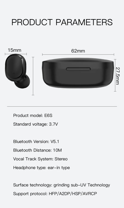 E6S Bluetooth 5.3 TWS Earbuds Noise Cancelling Wireless Headphones, HD Mic, Deep Bass, One-Step Pairing for Gaming & Calls