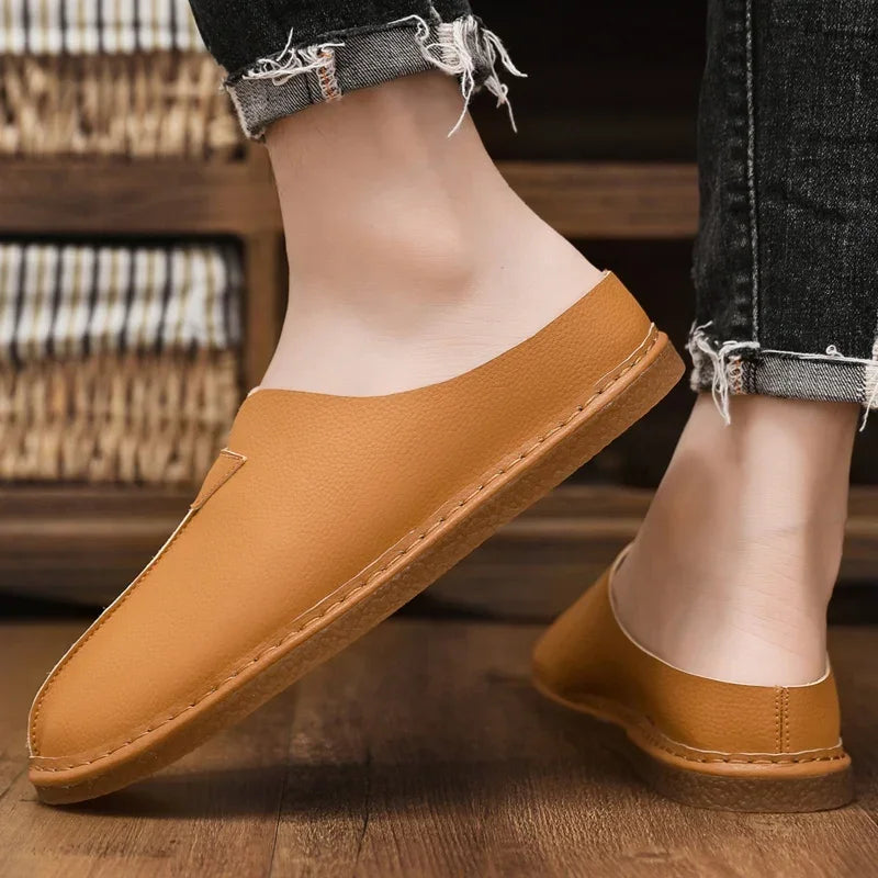 Fashion Leather Men Casual Shoes Slip on Man Loafers Breathable Soft Half Slippers Summer Flats Lightweight Lazy Driving Shoes