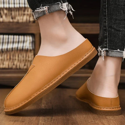 Fashion Leather Men Casual Shoes Slip on Man Loafers Breathable Soft Half Slippers Summer Flats Lightweight Lazy Driving Shoes