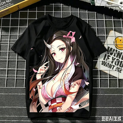 2026 Summer Demon Slayer Nezuko Cherry Blossom Butterfly Print Cotton T-Shirt Adult Kids Casual Loose Breathable Anime Tops Y2k