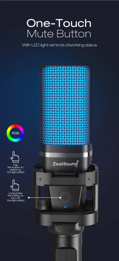 Zealsound RGB USB Condenser Gaming Microphone Computer Professional Mic For PC PS4 PS5 Mac Phone Recording Streaming Podcasting
