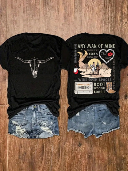 Western Country Music Women's Tee - Cowboy Retro Graphic Black Top