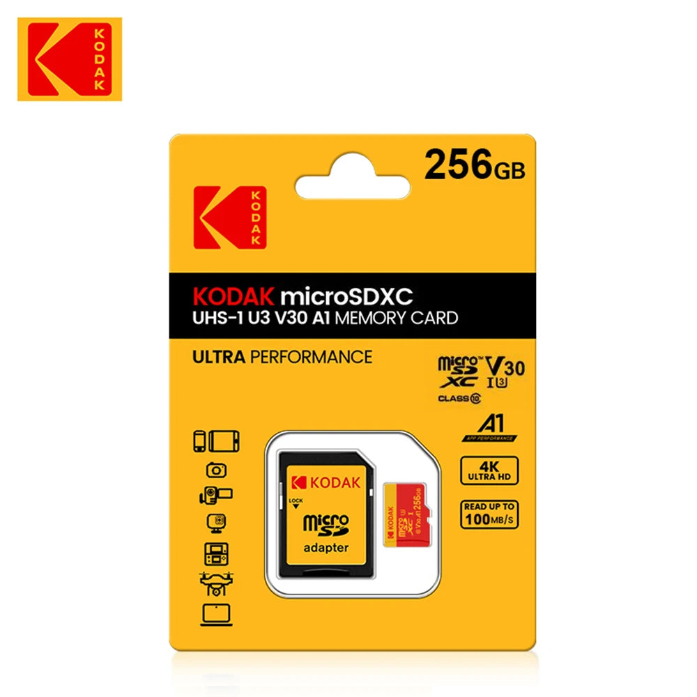 KODAK Micro SD Card U3 V30 128GB 256GB 64GB 4K High Speed TF Card for Phone Camera Drone