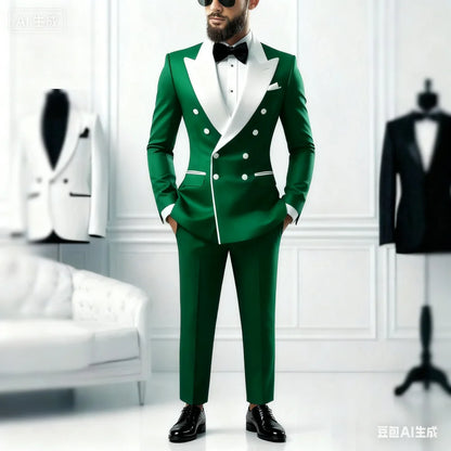 2-Piece Men's Casual Smolking Set with White Lapel Blazer And Black Pants Wedding Groomsmen Suit for Ceremony And Festa