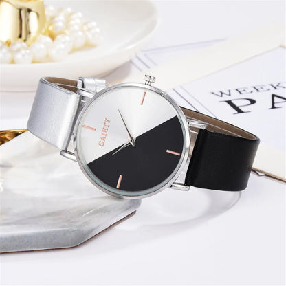 Women'S Watch Set Luxury Fashion Light Luxury Geometric Stitching Quartz Style Pu Leather Strap Round Dial Women'S Gift