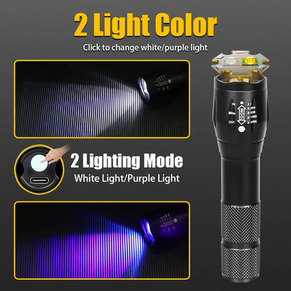 395nm LED UV Flashlight Rechargeable Zoomable Torch Light for Pet Urine Stain Detector Tools Lantern Money Fluorescer Detector