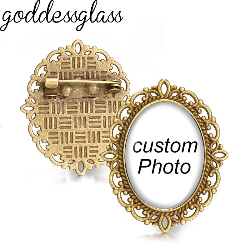 Personalize Custom Retro Oval Brooch Pin Photo Logo Silver plated/Bronze For Family Anniversary Collar 18x25mm Oval  safety Pins