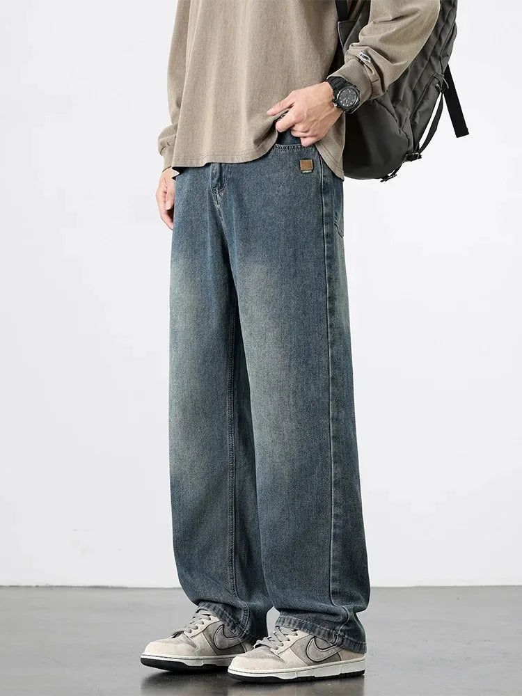 Spring Autumn American Retro Straight Jeans Men Streetwear Korean Fashion Loose Baggy Wide Leg Denim Pants Male Casual Trousers