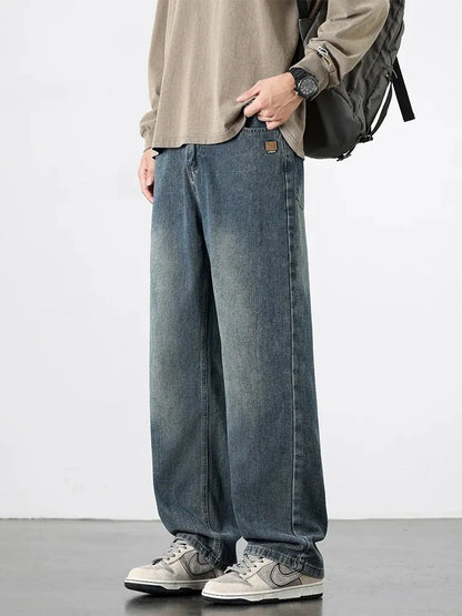 Spring Autumn American Retro Straight Jeans Men Streetwear Korean Fashion Loose Baggy Wide Leg Denim Pants Male Casual Trousers