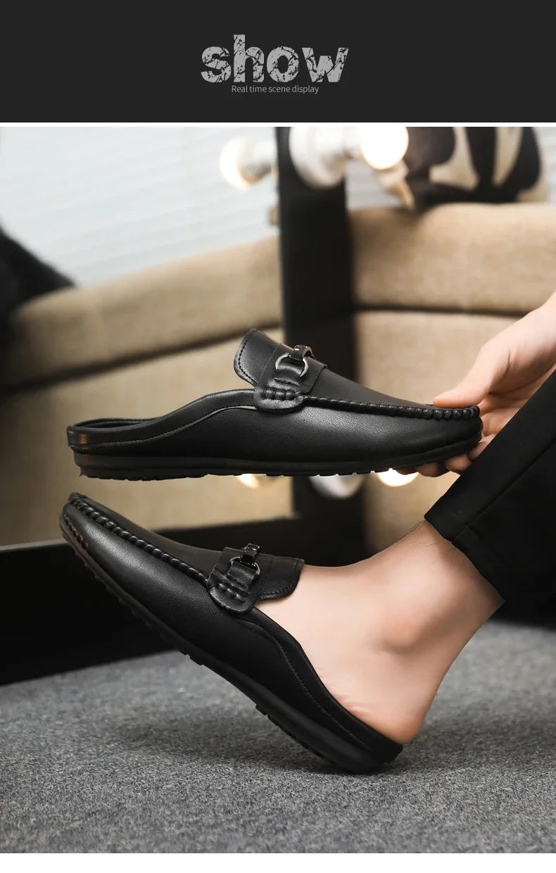 Summer Half Shoes For Men Comfortable Leather Casual Shoes Soft Flat Men's Loafers Lightweight Slip-on Shoes Man Daily Slippers