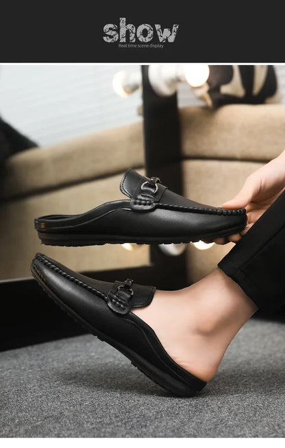 Summer Half Shoes For Men Comfortable Leather Casual Shoes Soft Flat Men's Loafers Lightweight Slip-on Shoes Man Daily Slippers