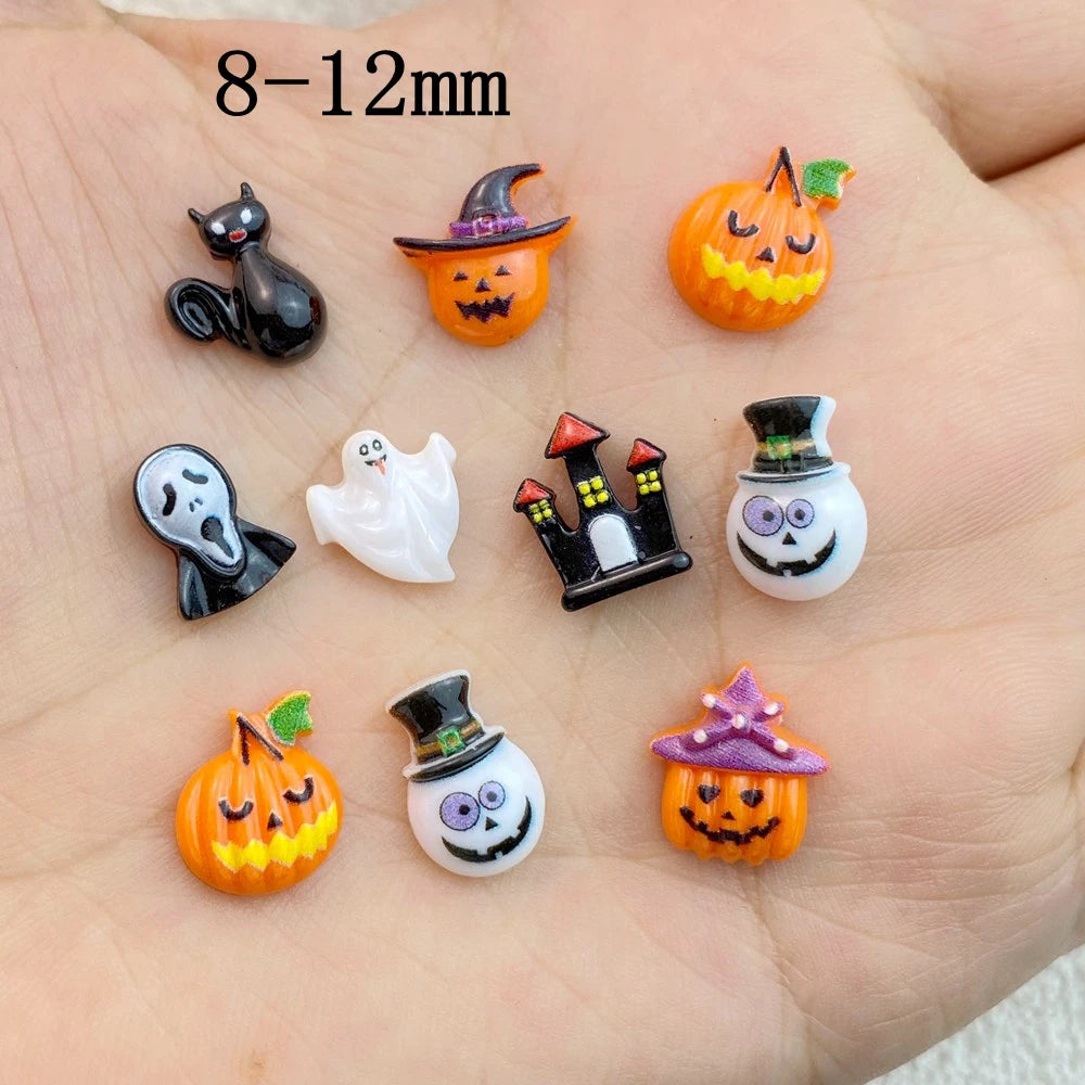 50Pcs New Cute Resin Mini Halloween Ghosts Animals Series Flat Back Manicure Parts Embellishments For Hair Bows
