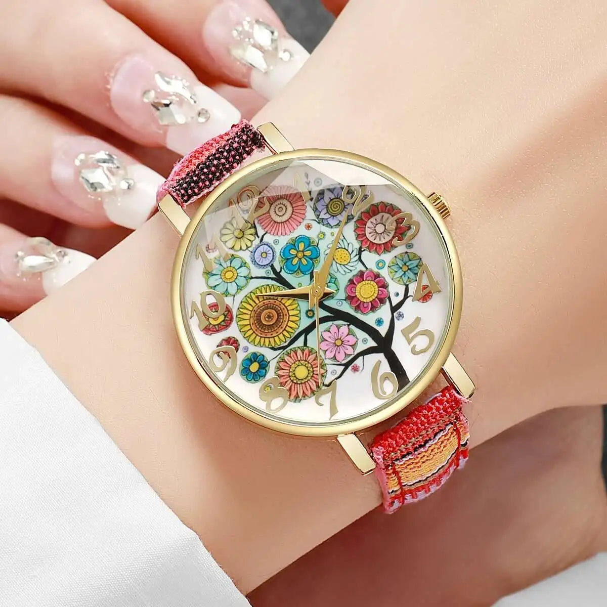 1/2/3/5PCS Fashion Women Watches Vintage Flowers Printed PU Strap Quartz Watch Reloj Mujer（Without Box）