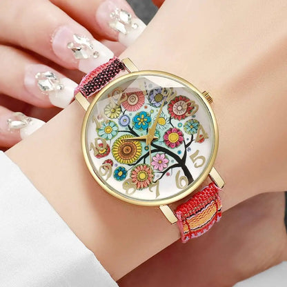 1/2/3/5PCS Fashion Women Watches Vintage Flowers Printed PU Strap Quartz Watch Reloj Mujer（Without Box）
