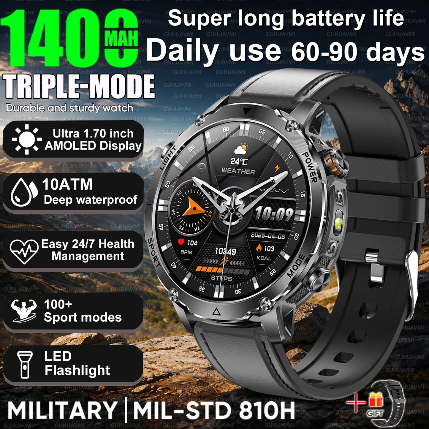 2026 Nowy Wojskowy CZOŁG Smartwatch Połączenia Bluetooth Wodoodporność 10ATM Bateria 1400mAh Monitorowanie Tętna Zegarek Sportowy Outdoor Męski