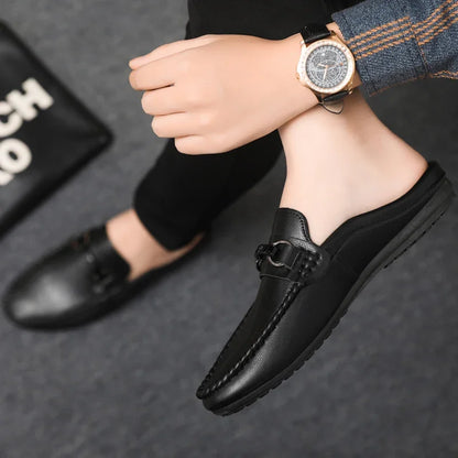Summer Half Shoes For Men Comfortable Leather Casual Shoes Soft Flat Men's Loafers Lightweight Slip-on Shoes Man Daily Slippers