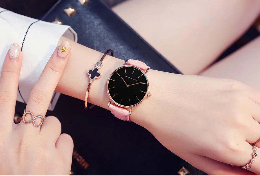 Hannah Martin Hot New Ms Fashion Simple Quartz Movement Watch High Quality Leather Strap Waterproof Lady Watch Relogio Feminino