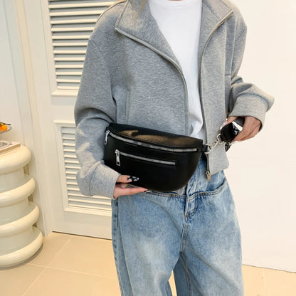 2024 Luxury Designer Women's Chest Bag PU Leather Wide Strap Shoulder Crossbody Bag Female Fashion Fanny Pack Banana Waist Bag