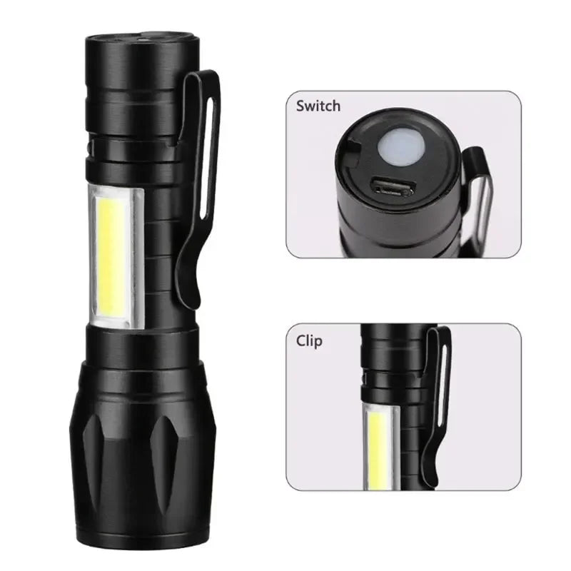 BALDR Mini Rechargeable LED Flashlight COB+XPE Portable Torch Zoomable Light Tactical Flashlight outdoor Camping Fishing Lantern