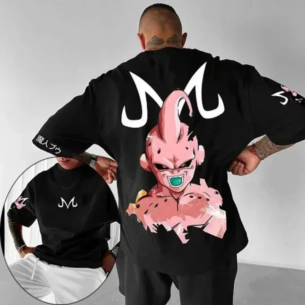 2026 Summer Dragon Ball Oversized T-shirt High Quality 100% Cotton Kid Goku with Power Pole Line Art Print UnisexCasual Y2K